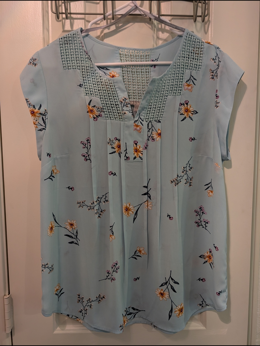 Daniel Rainn Sky Blue Floral Pintuck Yoked Blouse